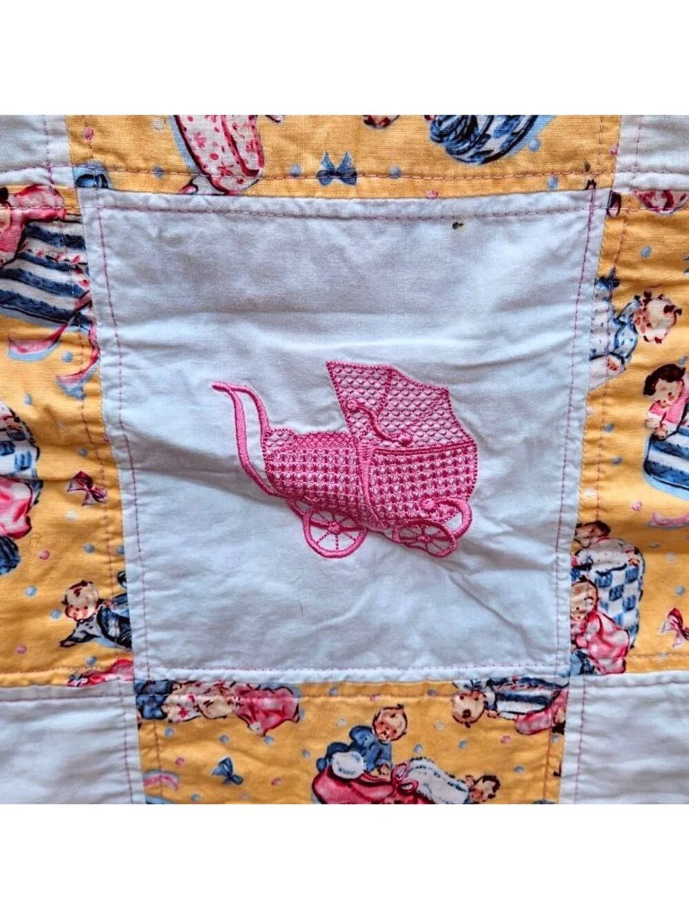Vintage Baby Quilt Girl Pink Yellow Cotton Machine Embroidery 42x39